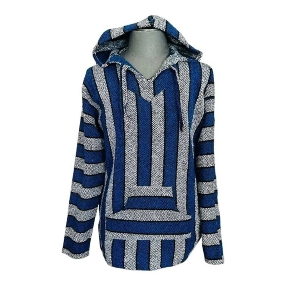 Mexican Baja Hoodie L Rainbow Rug Jumper Unisex Blue Grey Black Surf Poncho New